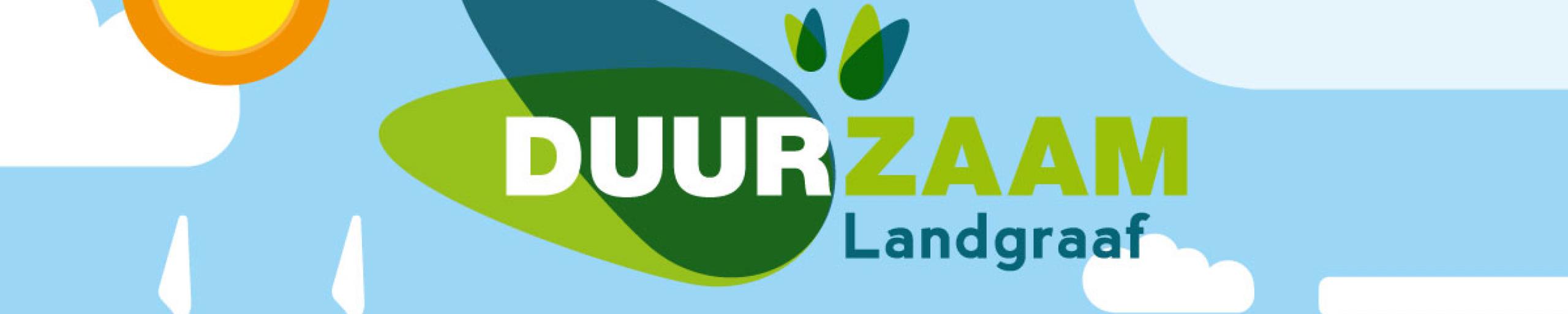 Logo Duurzaam Landgraaf met de zon, windmolens en zonnepanelen op daken van gebouwen.