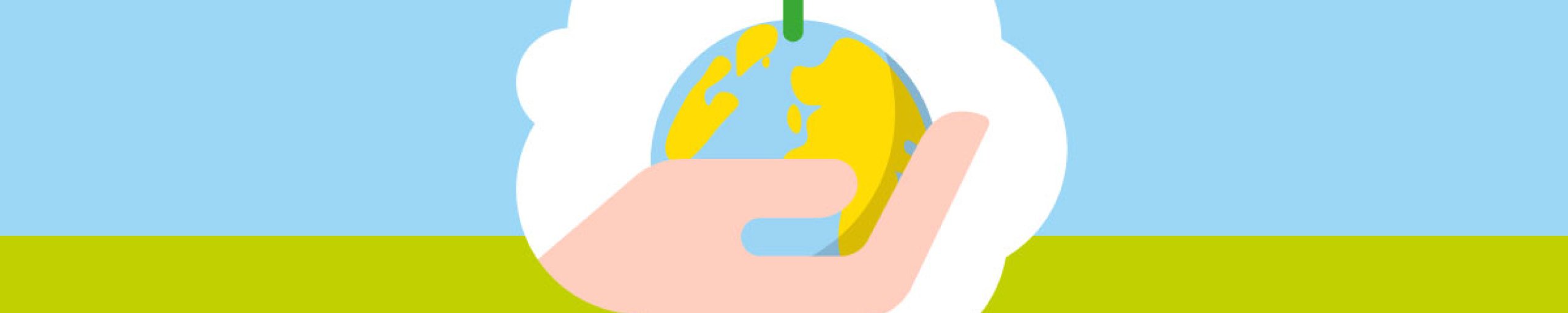 Hand met wereldbol en groen blaadje boven leidingen in de grond
