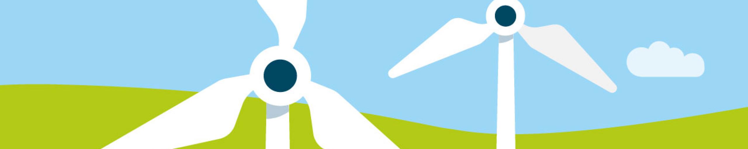 Twee windmolens in een glooiend landschap