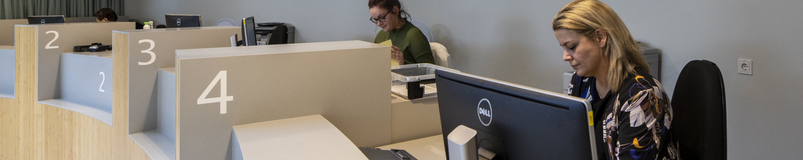 Medewerkers aan het werk bij de loketten in het Burgerhoes