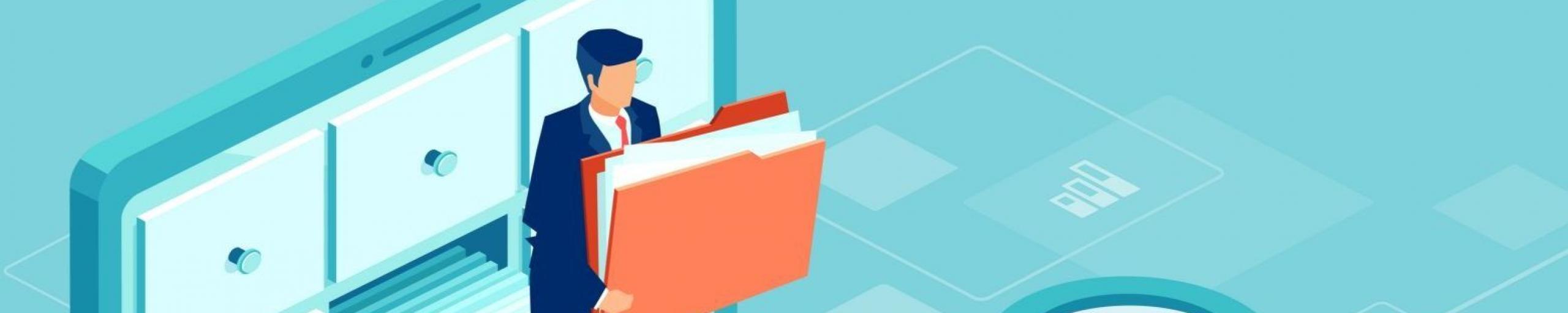 illustratie van laptop met archiefladen en vergrootglas